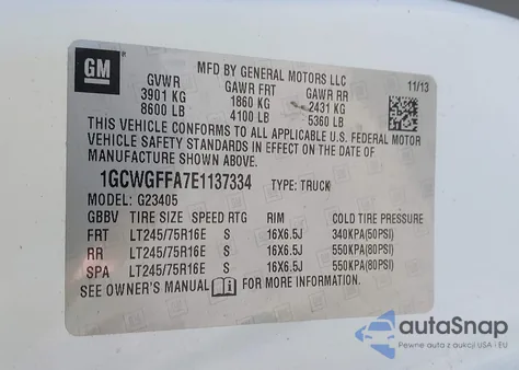 2014 Chevrolet Express 2500 Work Van z USA, uszkodzony, nr VIN 1GCWGFFA7E1137334